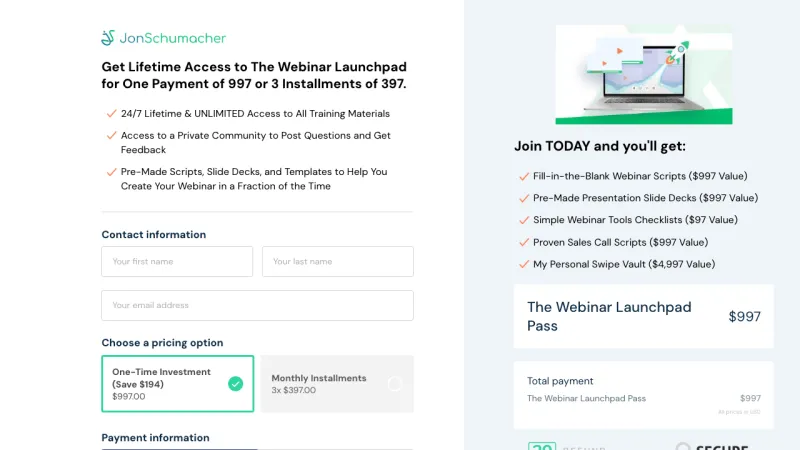 Jon Schumacher Webinar Launchpad Checkout Page