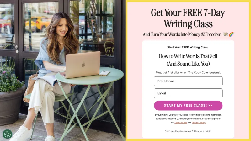 Copy Cure Free Class Signup Page
