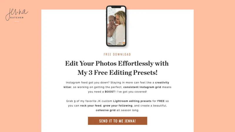 Jenna Kutcher - 3 Free Editing Presets - Lead Magnet Page