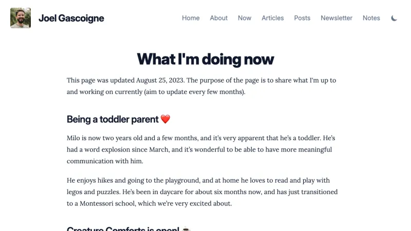 Joel Gascoigne – Now page