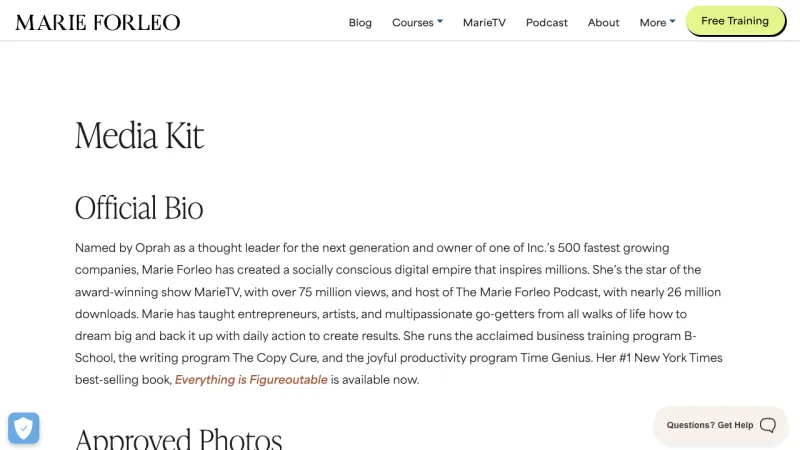 Marie Forleo Media Kit Page