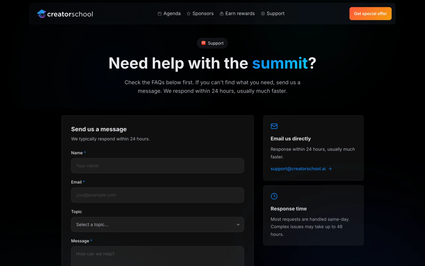 Summit Support Page (Dark)